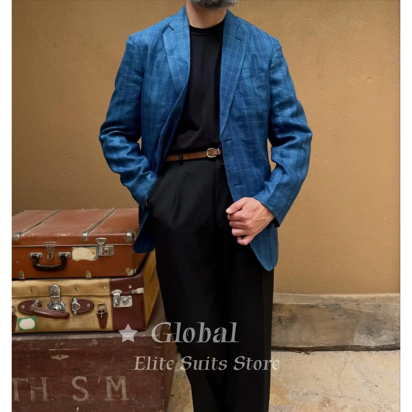 Men's Blue Windowpane Plaid Linen Blazer Lightweight Two-Button Sport Coat for Casual Business & Prom High Quality Customized
