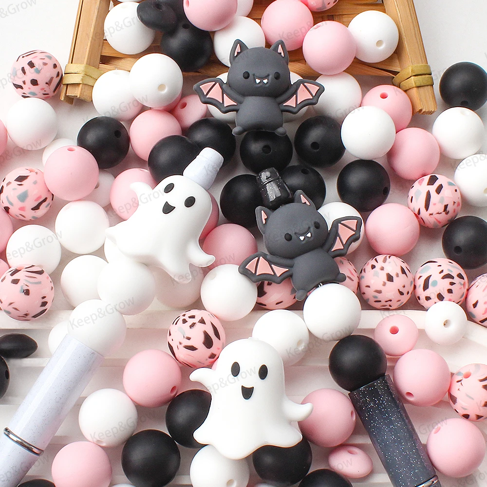 35Pcs Halloween Theme 3D Silicone Beads Bat Ghost Focal Beads Perfect for DIY KeyChain Bag Jewelry Making Beaded Pen Accessory