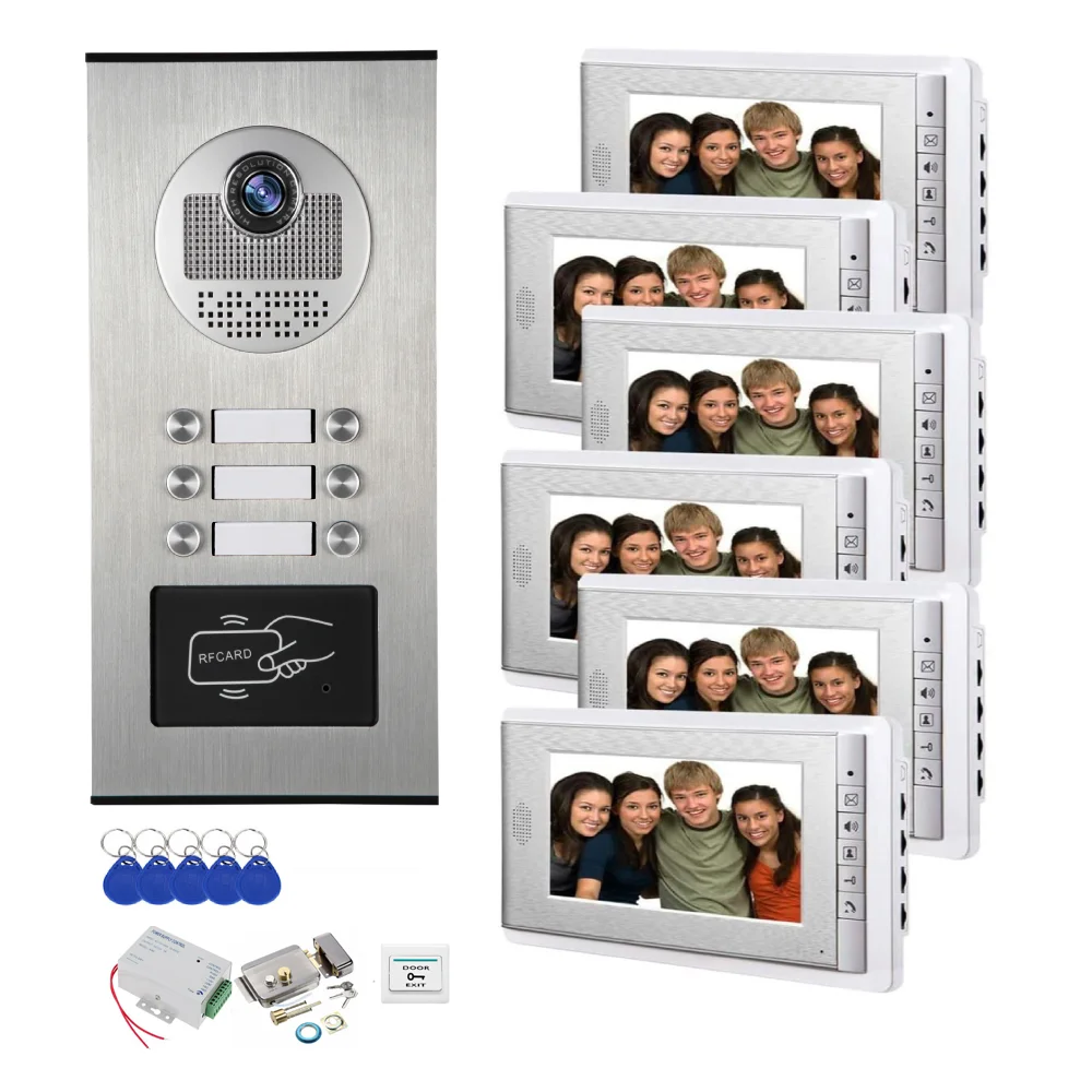 RFID Unlock Building Video Door Phone 2-6 Units Apartment Video Intercom System Electric Lock Access Video Doorbell Protect Kits