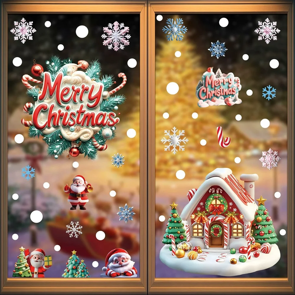 Weihnachts-Fensteraufkleber Klassischer Lebkuchenmann Schneemann Weihnachtsmann Statische Klebefolie Dekoration für Zuhause Einkaufszentrum – Detail 6