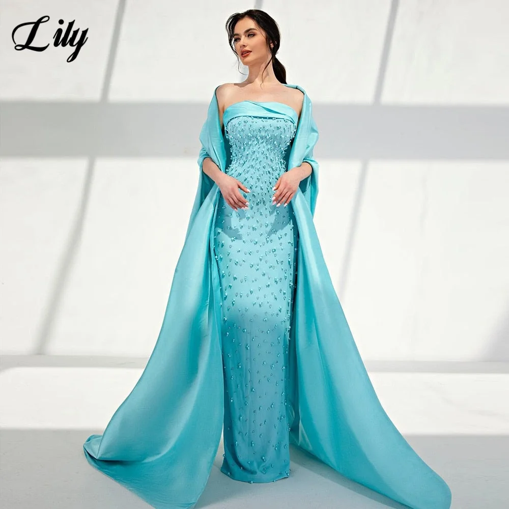 

Светло-голубое атласное вечернее платье с бисером и без бретелек Вечерние платья с накидкой длиной до пола, платье для выпускного вечера для женщин по индивидуальному заказу