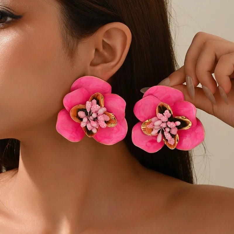 Chunky Enamel Flower Earrings 3d Petal Charm Crystal Stamen And Gold Edge Statement Jewelry Gift For Women