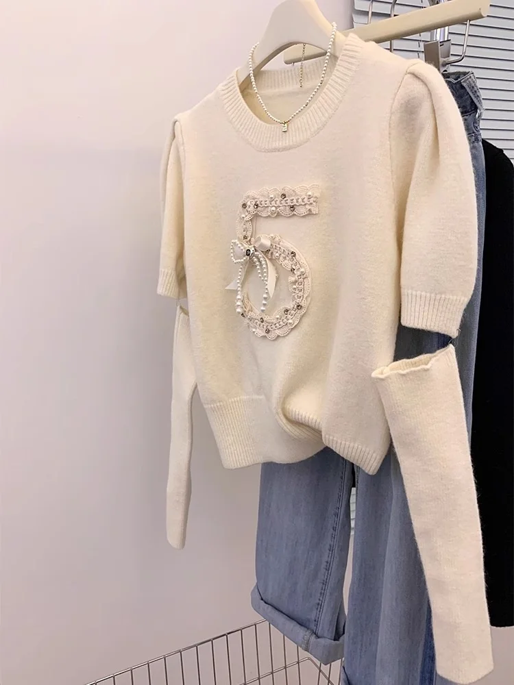 

Detachable Sleeve Knitted Sweater Women Pullovers Oversize Spring Drop Shoulder Cleanfit Stretchy Regular Fit Young Leisure Girl