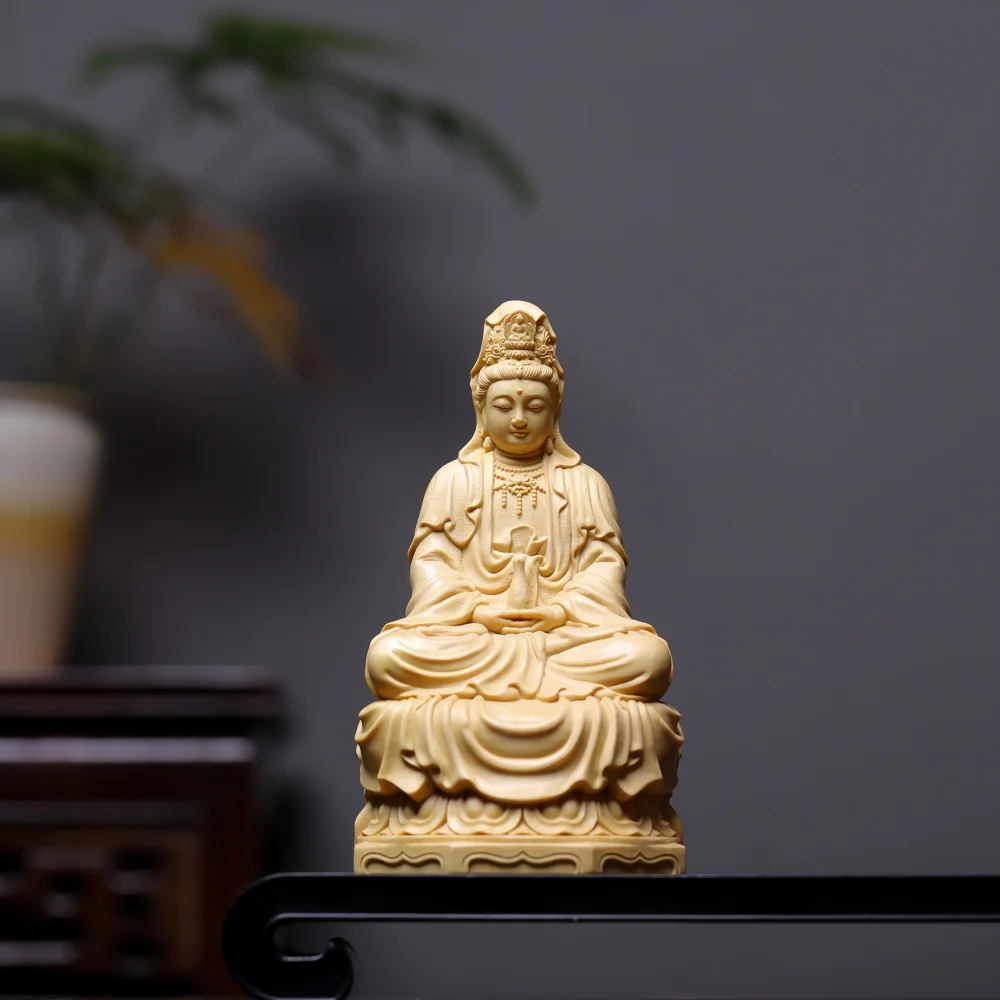 

Handcrafted Wooden Seated Guan Yin Bodhisattva Statue Figurine Sculpture Ornament Lotus Carved Home Temple Altar Buddhist Art