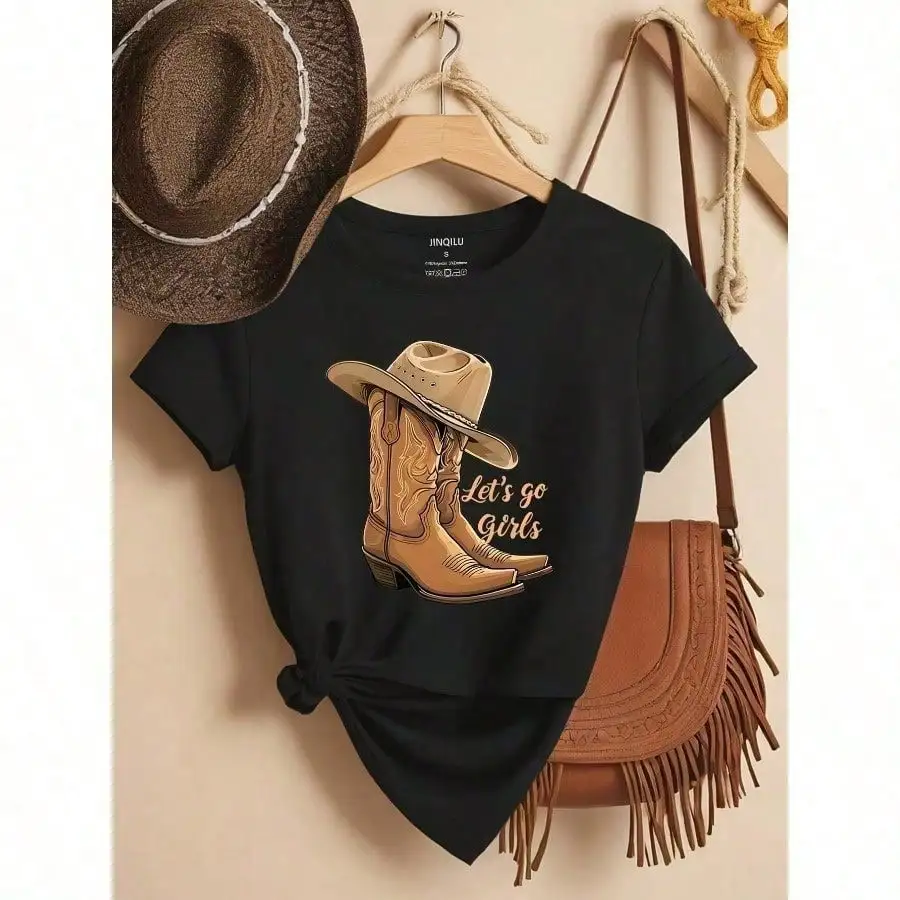 Short-Sleeved Round Neck Boots T-Shirt Boots Printed Round Neck T-Shirt, Spring/Summer Casual Short-Sleeved Top Women's Clothing