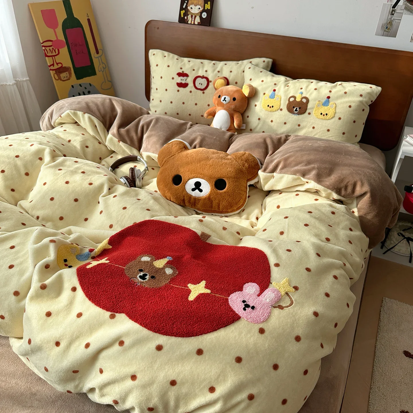 Kawaii Bear Embroidered Winter Bedding Set Thickened Warm Milk Velvet Duvet Cover Set with Sheets Soft Flannel Quilt Cover Kit