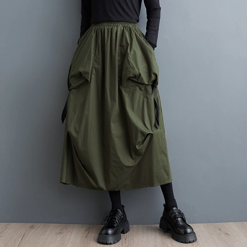 Loose Lantern Skirt Women's Dark Weave Band Splicing Semi-Body Flower Bud Mid-Length Half-Skirt High Waist A-Line Pure Color