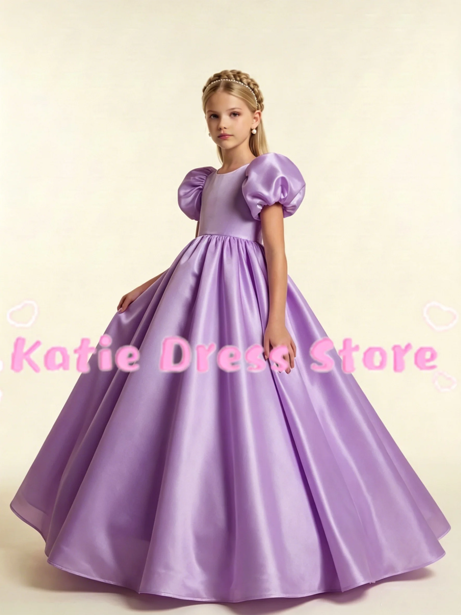 Ivory Satin Flower Girl Dress For Wedding Short Sleeve Puffy Elegant Kids Birthday First Communion Ball Gowns Customized