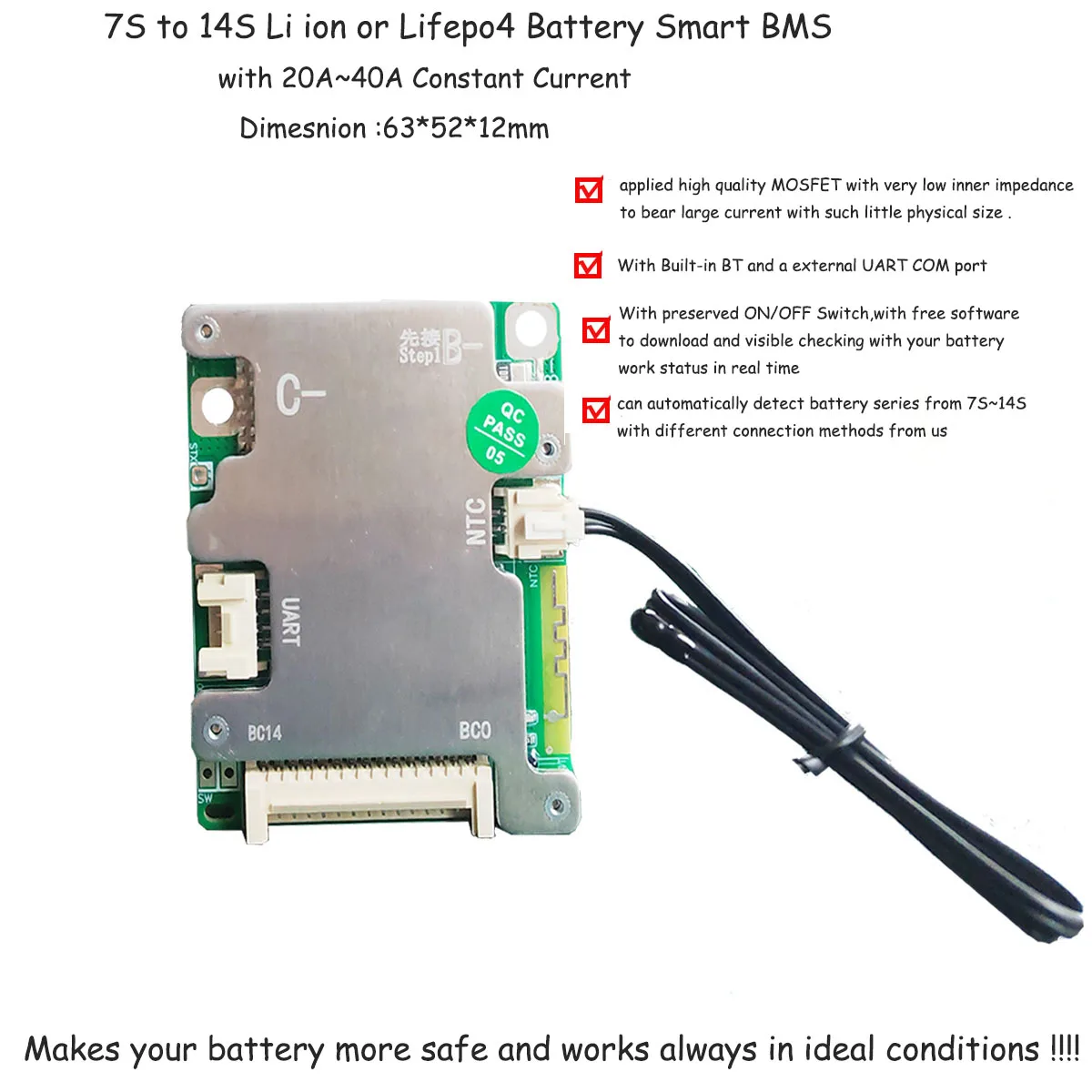 

Умная Bluetooth BMS батарея 7S 8S 9S 10S 11S 12S 13S 14S, флуоресцентная батарея 24 В, 36 В, 48 В, литий-ионная или Lifepo4