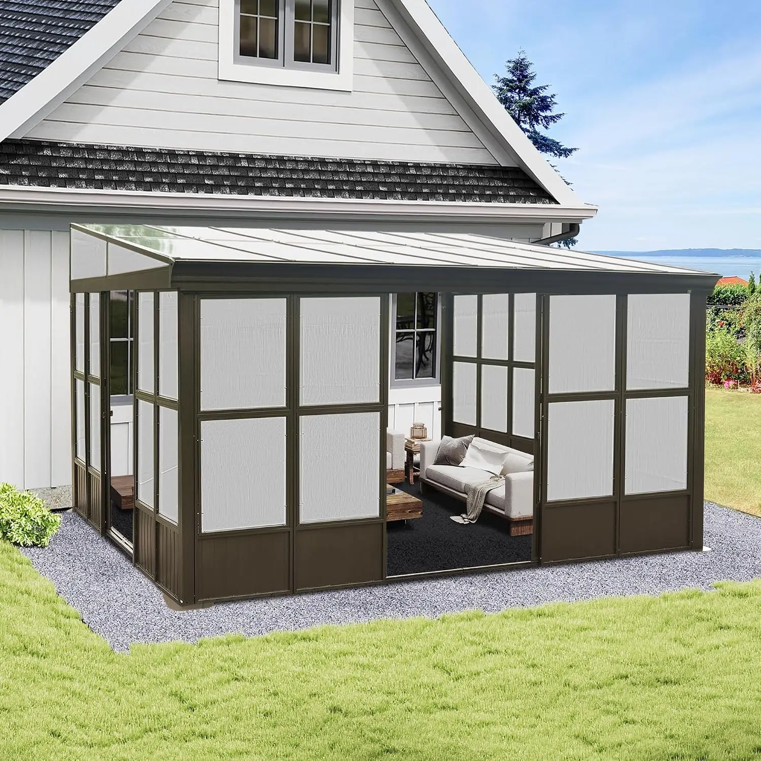 Domi 12x14FT Sunroom,Wall Mounted Solarium with PC Roof,Lean-to Gazebo | Aluminum Frames,Drainage System