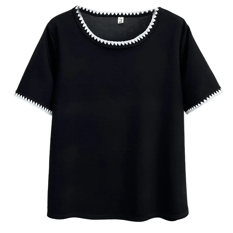 

Женский топ больших размеров 2025 года, новые летние простые футболки с короткими рукавами, повседневная шикарная футболка 100 кг с блочным кодом 033