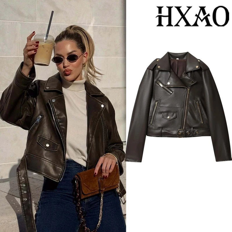 

HXAO женская мотобайкерская куртка на молнии укороченное пальто куртка из искусственной кожи женская демисезонная коричневая куртка с длинными рукавами верхняя одежда