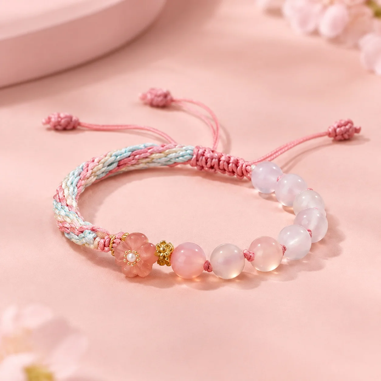 Women's Gradated Agate Floral Braided Pink Bracelet for Birthday Gift and Daily Wear with Rose Motif