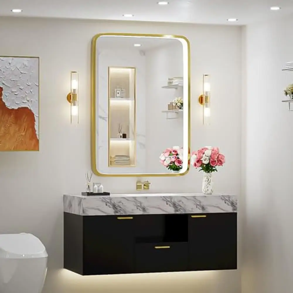 LED Bathroom Vanity Mirror 24x36 Inch with Lights Wall Mounted Non-Rusting Gold Frame Anti-Fog Memory Stylish Copper Free