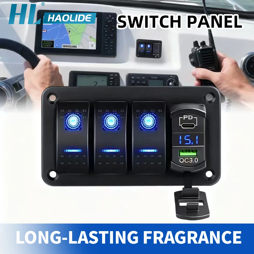 HAOLIDE 12V/24V Switch Panel 4 Gang Toggle Rocker Switch Dual USB Port Digital Voltmeter Waterproof for Car off-road use Yacht