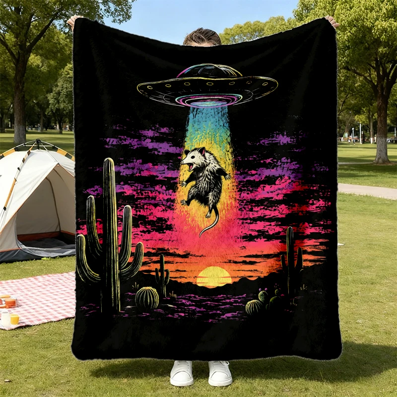 Funny Possum Flannel Throw, Flying Saucer, Mens, Womens, Unisex, Colors Flannel Blanket