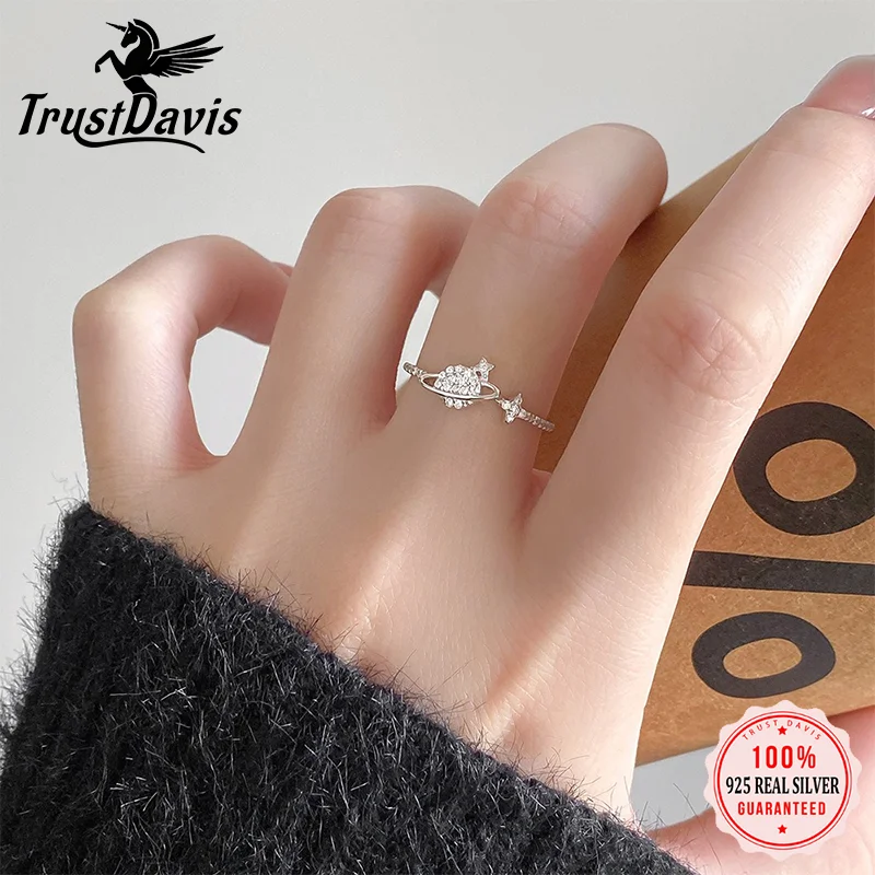 Trustdavis Real 925 Silver Fashion Simple Planet Zircon Open Ring for Women Daily Wear Jewelry Gift DS4794