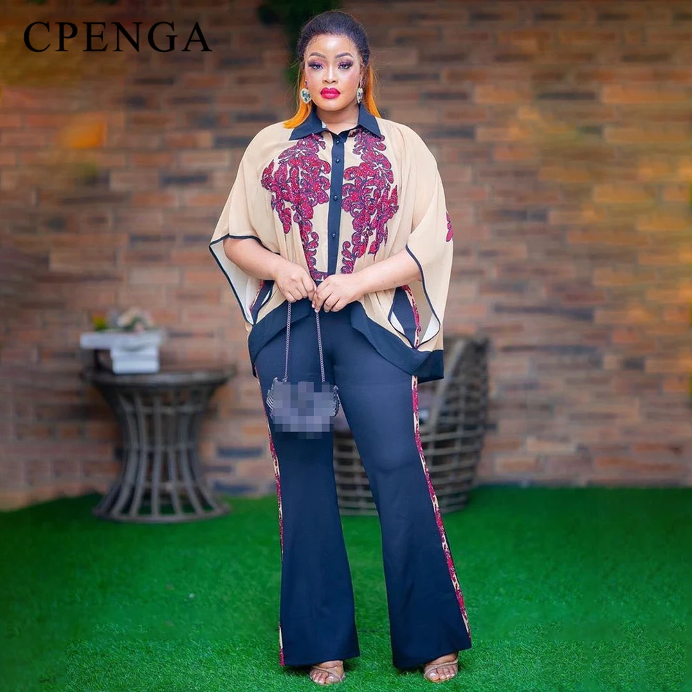 

2023 New African Matching Set for Women Elegant Lady Evening Party Wear Design Nigeria Femme Shirt Pants 2 Piece Casual Outfits