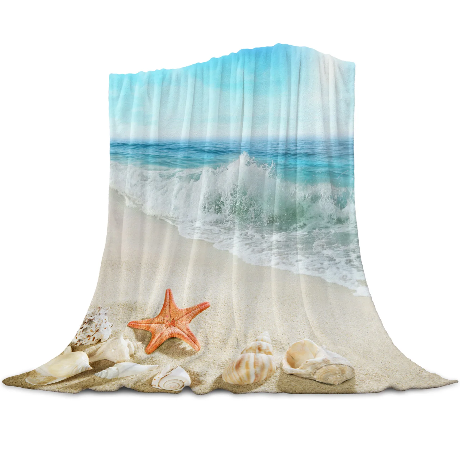 Beach Sea Starfish Shells Home Textile Blanket Cover Decorative Fleece Blankets for Sofa Bed Throw Blanket for Kids Adults