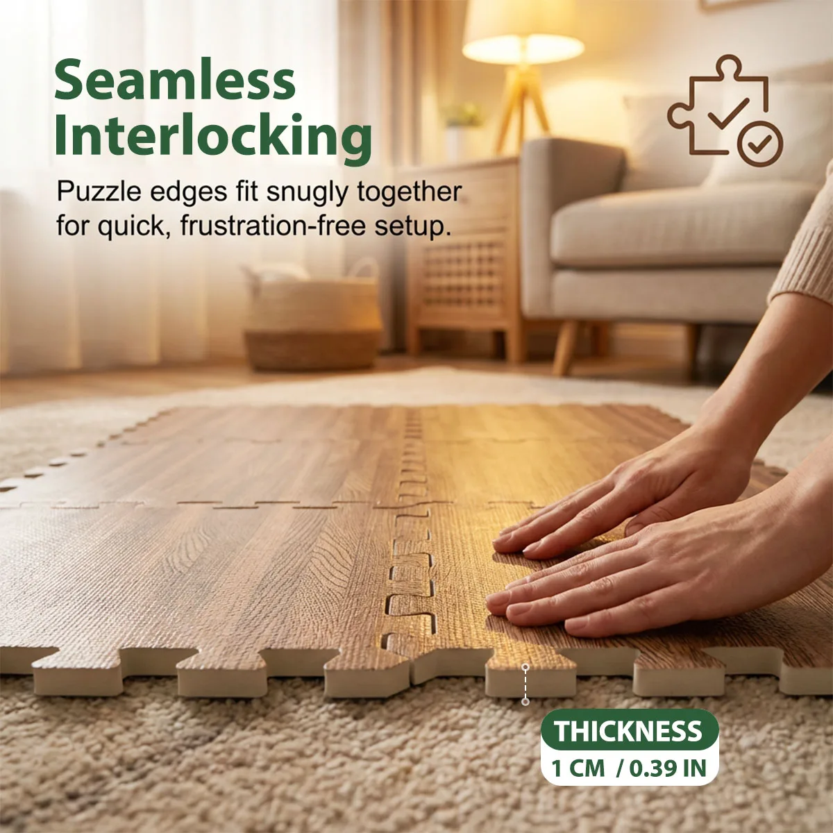 Wood Grain Interlocking EVA Foam Floor Tiles, 24 Pack 30x30cm Waterproof Puzzle Exercise Mat, 1cm Thick Noise Reduction Non Slip Foam Flooring for Living Room Bedroom Gym Kids Playroom view 6
