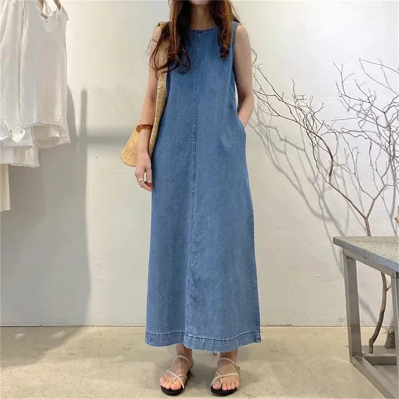 

2025 Summer Elegant Women Denim Long Sundress Fashion Casual Loose O-neck Sleeveless Robe A-Line Elegant Vestidos Mujer