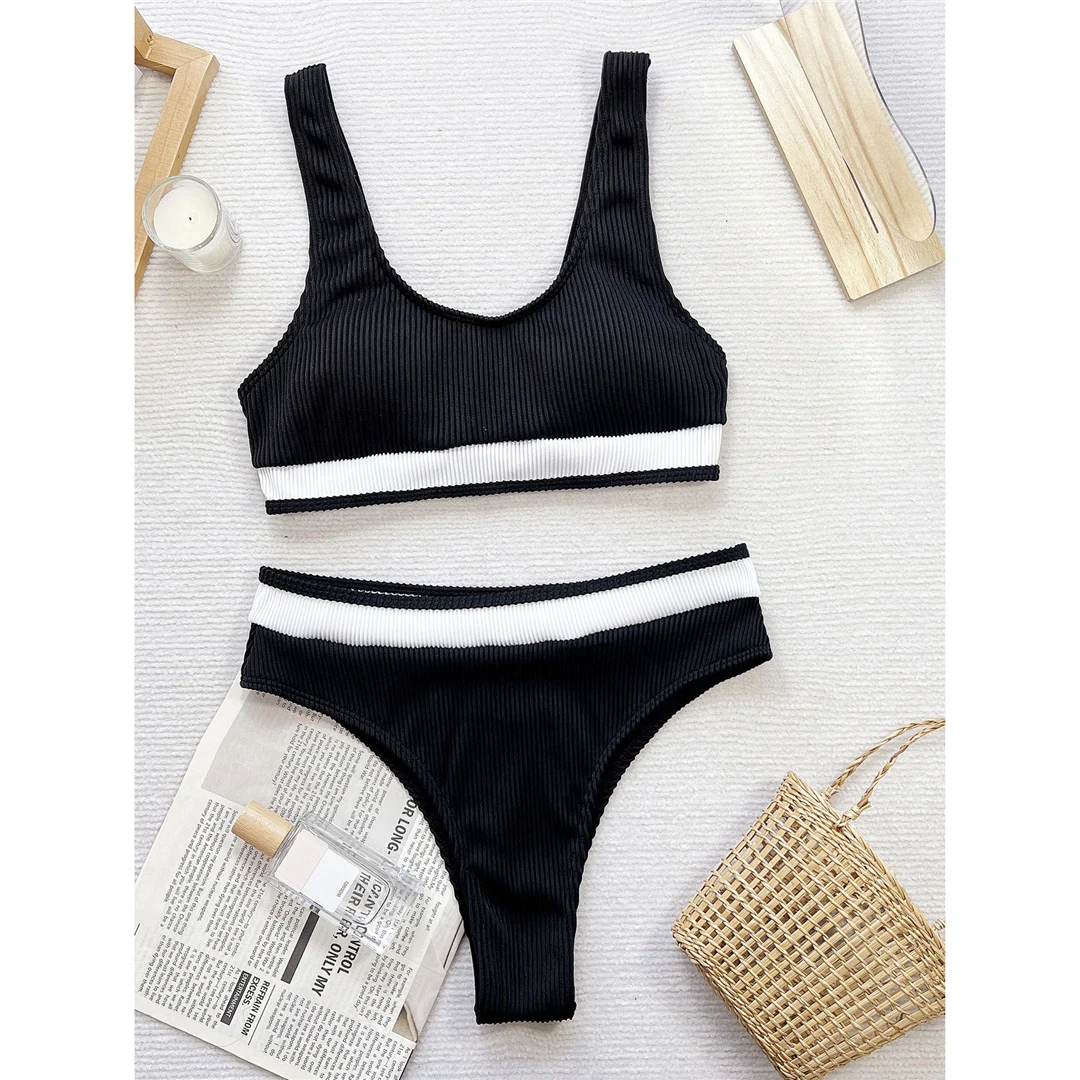 Gestreifter, hoch geschnittener Damen-Badeanzug, zweiteiliger Bikini mit hoher Taille, Bikini-Badeanzug, Damen-Badebekleidung, Bather Swim V5944 – Detail 10