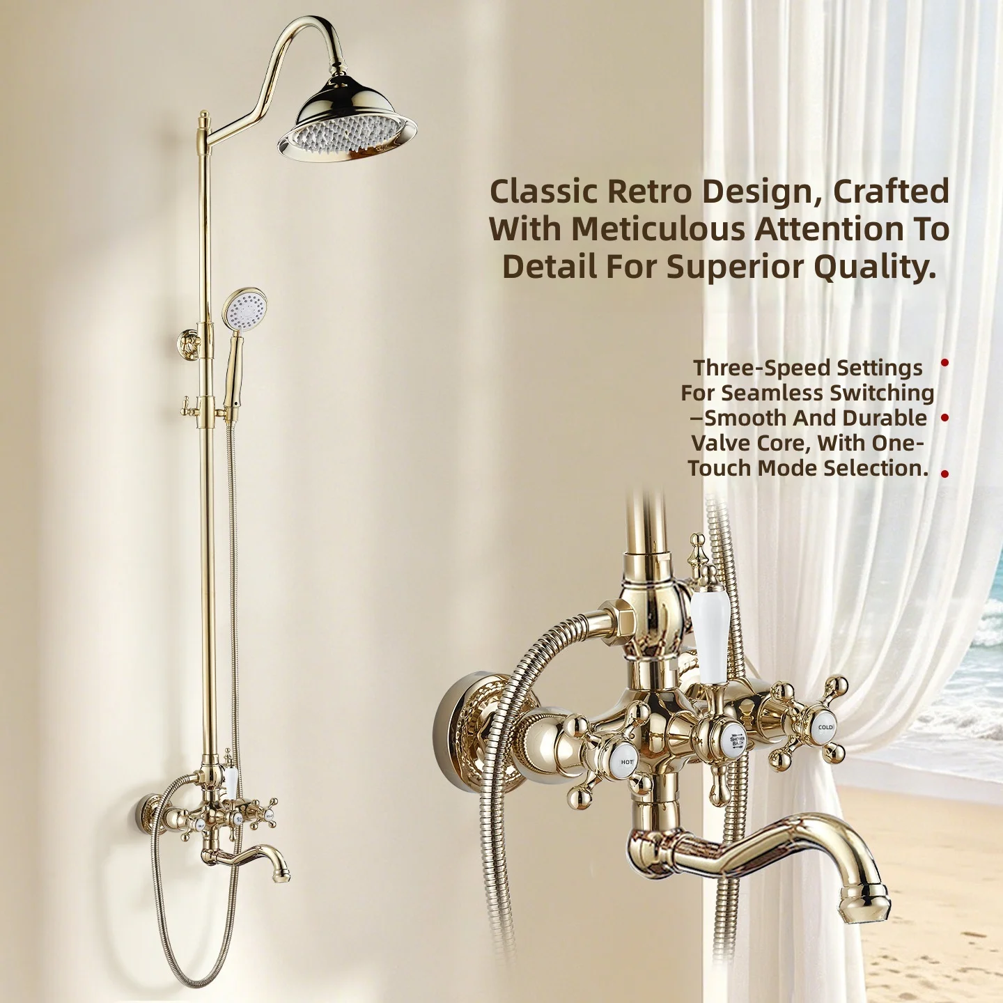#Vintage French Style Brass Gold Dual Handle Telephone Faucet, Hot and Cold Bathtub Mixer Tap Shower Set