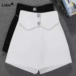 Commute Chic Spliced Diamonds Shorts for Female Summer New Korean Elegant High Waist Loose Solid Color Pants Women's Clothing