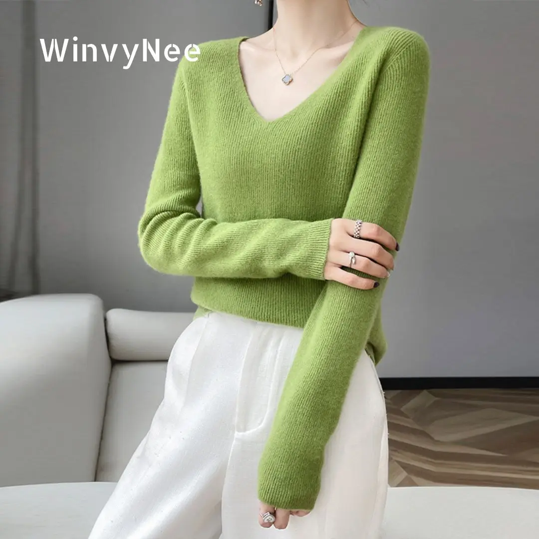 

WinvyNee Women Clothing Slim Sweater Long Sleeve Top V Neck Merino Wool Sexy Jumper Soft Warm Knitwear Pullover Winter A1263002
