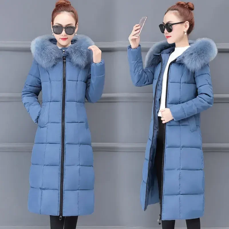 Fashion Winter Womens Cold Coat Long Fur Collar Hooded Padded Jacket Super Hot Snow Outercoat Slim Fit Keep Warm Cheap Wholesale