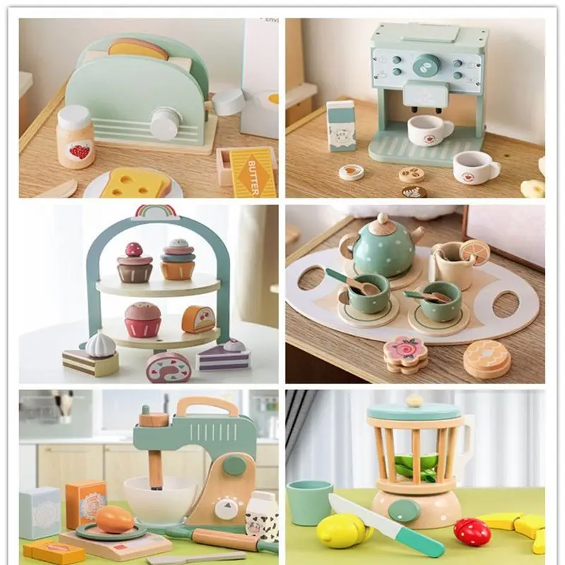 Giocattoli in legno per bambini Set da tè pomeridiano Fai finta di giocare di ruolo Accessori da cucina Gelato Caffè Set da tè Giocattoli educativi Regali per bambini