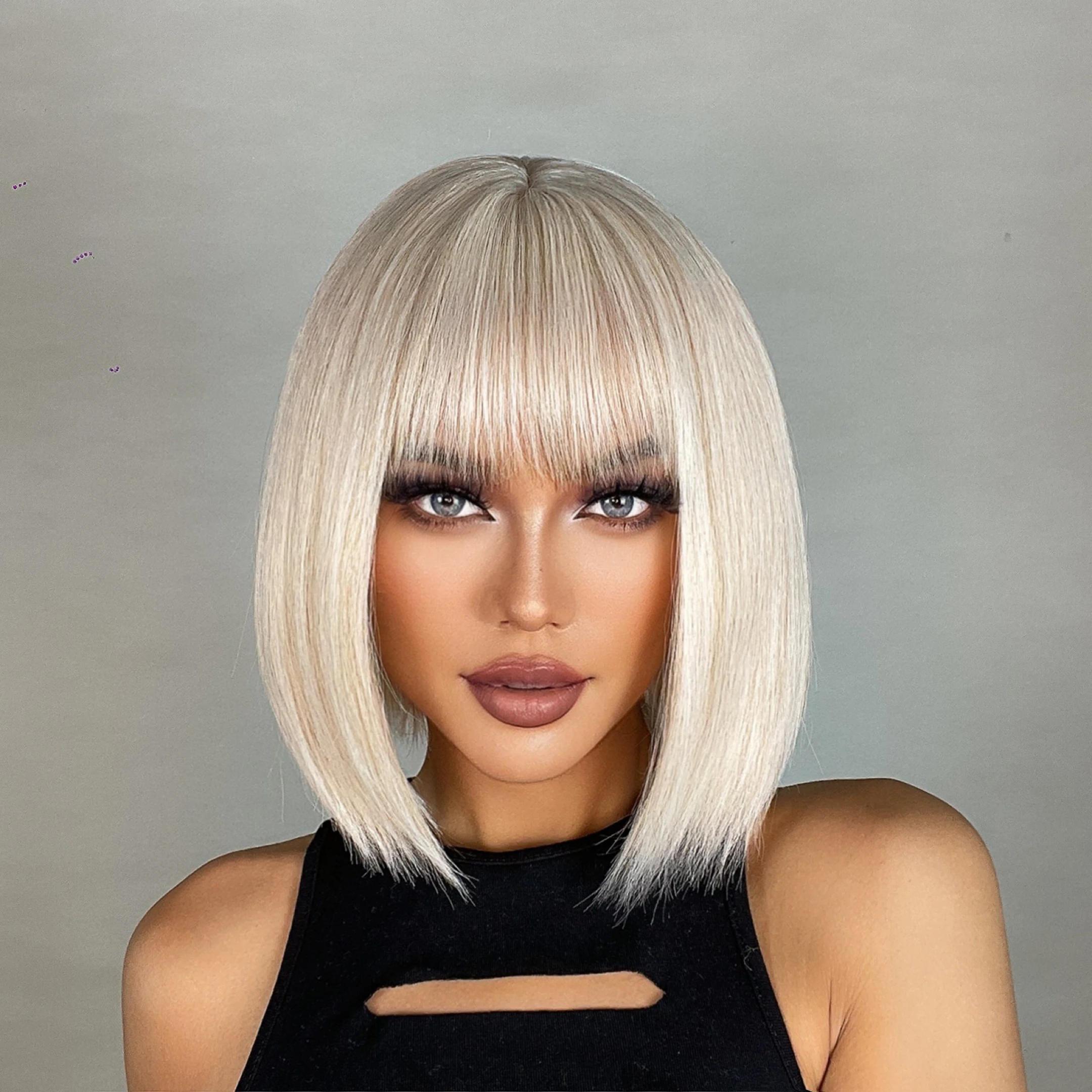 LOUIS FERRE Platinum Blonde Bob Synthetic Wigs With Bangs Short Creamy White Wigs Daily Cosplay Hair Heat Resistant Lolita Wigs