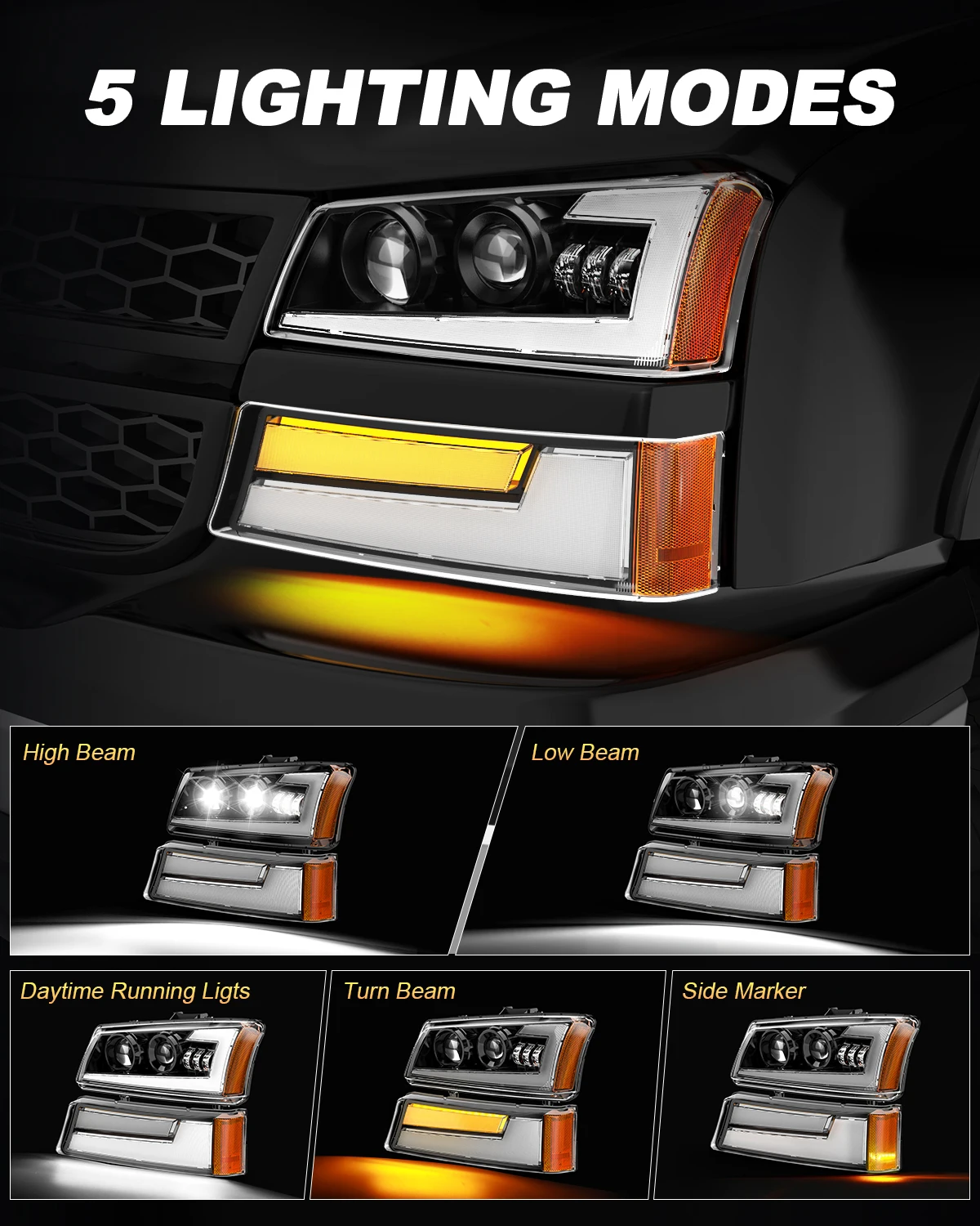 For Chevrolet Silverado 2003-2006 High Brightness LED Headlight Assembly IP67 Amber Turn Signal High Low Beam Headlamp DOT
