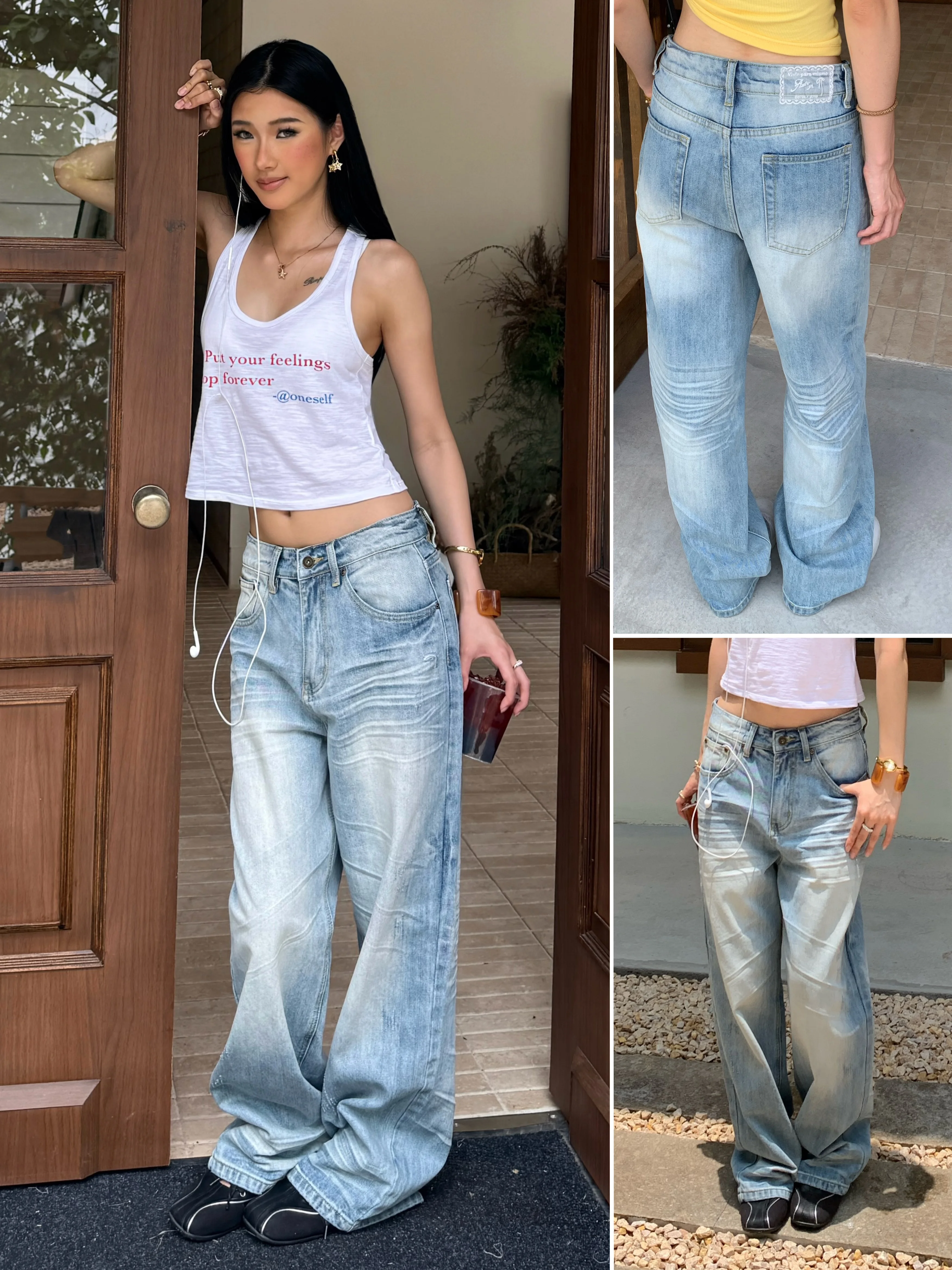 Audwyn Street Vibe Washed Vintage Wide Leg Loose Women's Jeans Cotton Natural Waist Button Fly Summer Collection