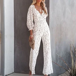 Spring New Sexy Lace Hollow V-Neck Jumpsuit Women Fashion Seven Points Sleeve Jumpsuit Elegant Temperament Slim Female Romper