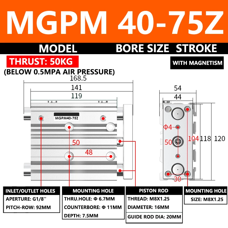 

ABILKEEN MGPM Series Pneumatic Compact Guide Cylinder MGPM40-75Z 40MM Bore X 75MM Stroke Thin Three Axis Three Rod Air Cylinder