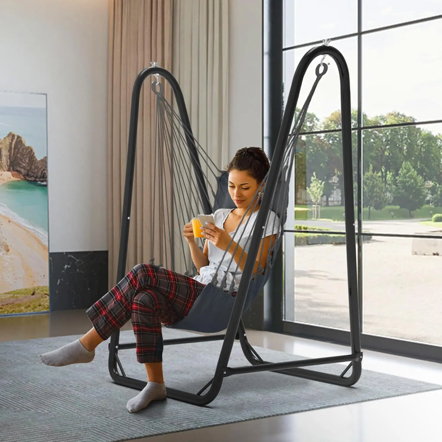 Unique U-Shaped Hammock Chair with Stand,Sturdy & Rust-Resistant,Free Gray Cotton Hammock Chair