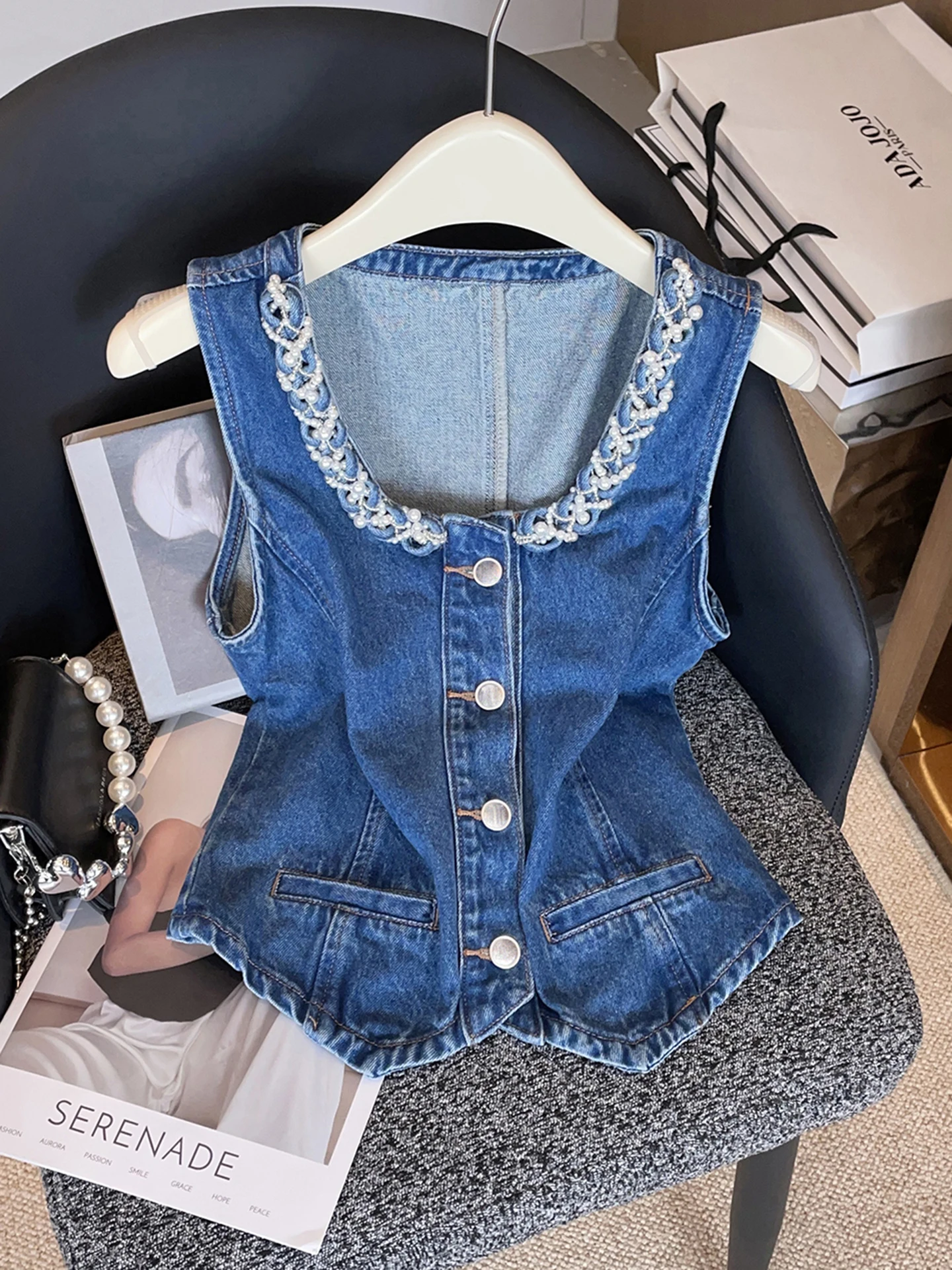 

Faionable элитный женский джинсовый жилет на одной пуговице, осень-зима, новый Sle U-Ne, длина, слабый, теплый, чистый цвет