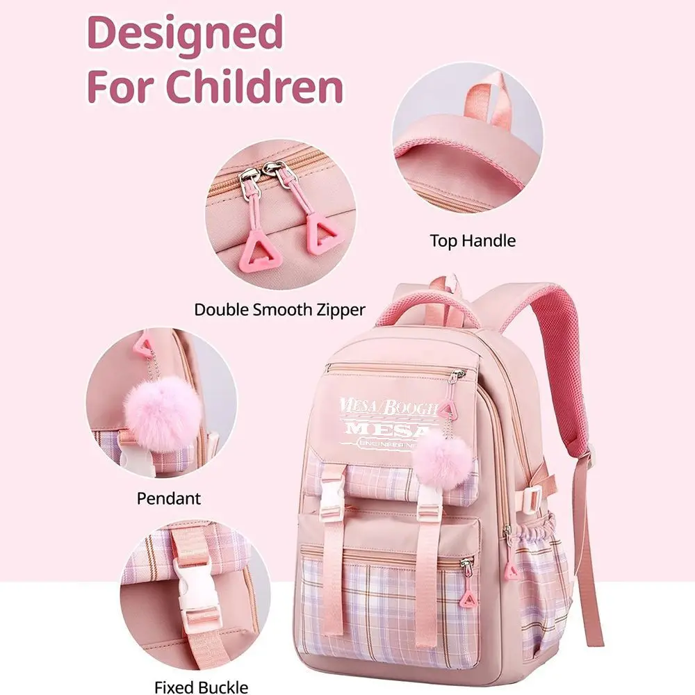 Ransel Pola Kotak-kotak MESA BOOGII, Tas Sekolah Merah Muda yang Lucu, Ransel Perjalanan dengan Tali yang Dapat Disesuaikan untuk Anak Perempuan dan Wanita