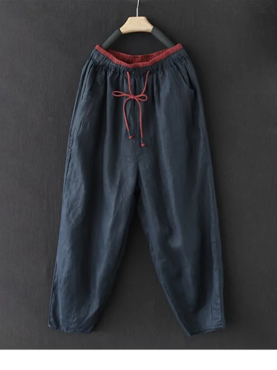 

Spring New Sle Retro Contrast Color Buttoned Linen Casual Pants Loose Elastic Waist Wide Leg Slimming Cabbage Pants Women