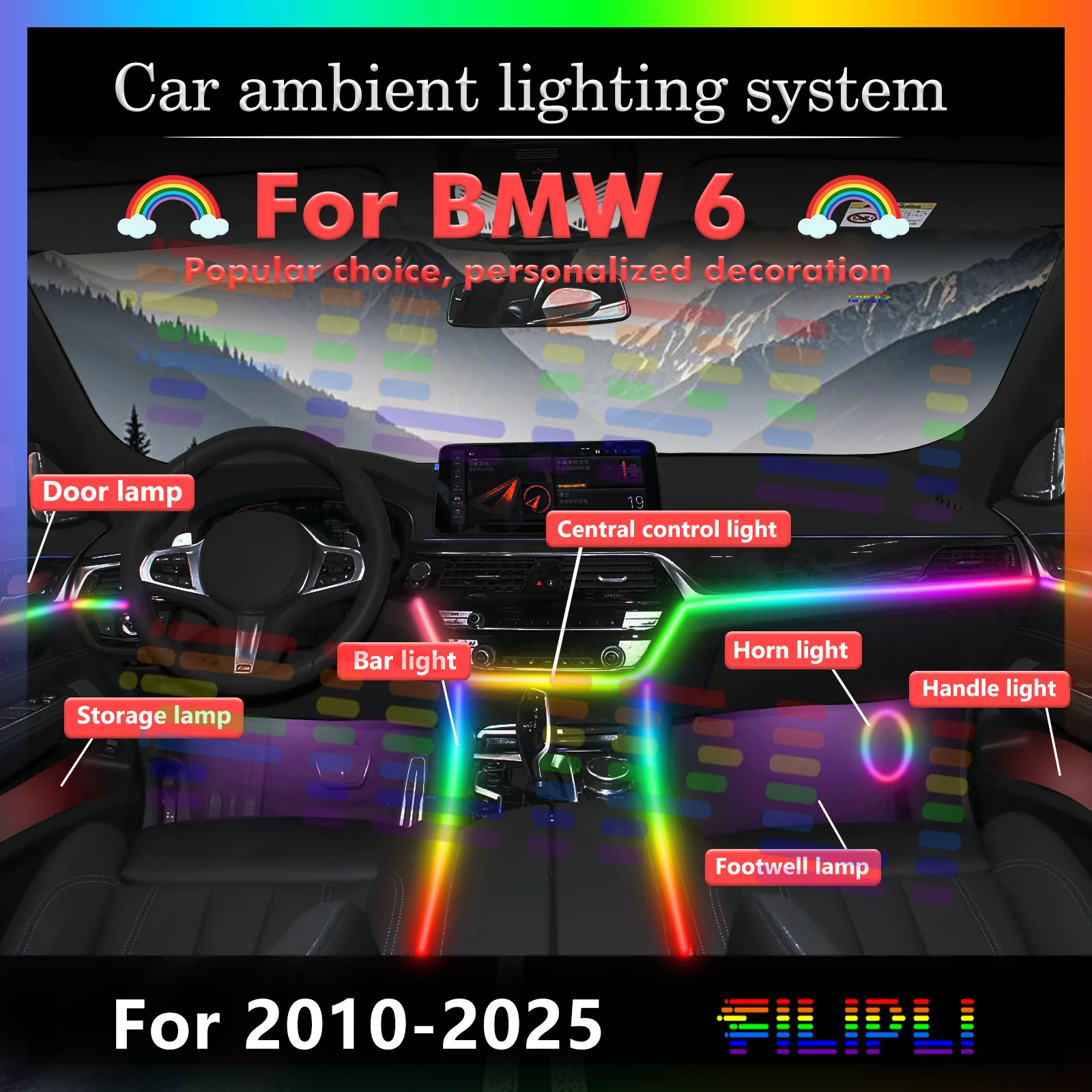 10 In1 For BMW 6ser F13 F12 F06 G32 Car Interior Ambient Lamps 64 Colorful Atmosphere Lights Auto LED Neon Strip App Control