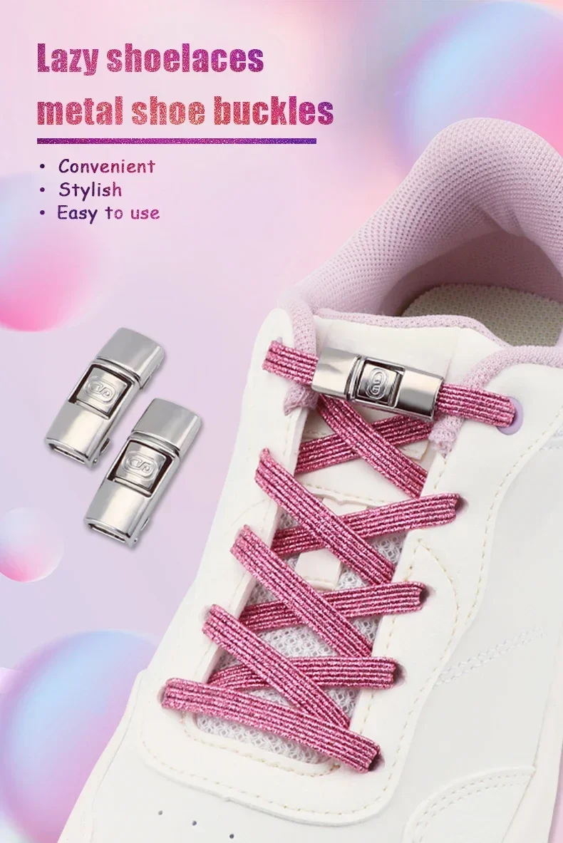 1 Paar elastische, flache Schnürsenkel ohne Binden, mehrfarbig, mit Glitzerfaden, dehnbare Schnürsenkel mit Zahlen-Druck-Metallschnalle – Detail 1