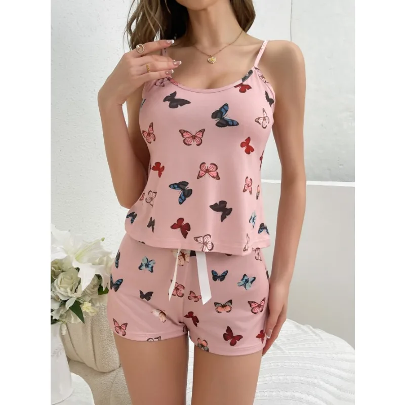 

Night Wear Women Sexy Simple Plus Size Summer Suspenders Butterfly Print Two Piece Sleeveless Vest Shorts Loungewear Sleepwear