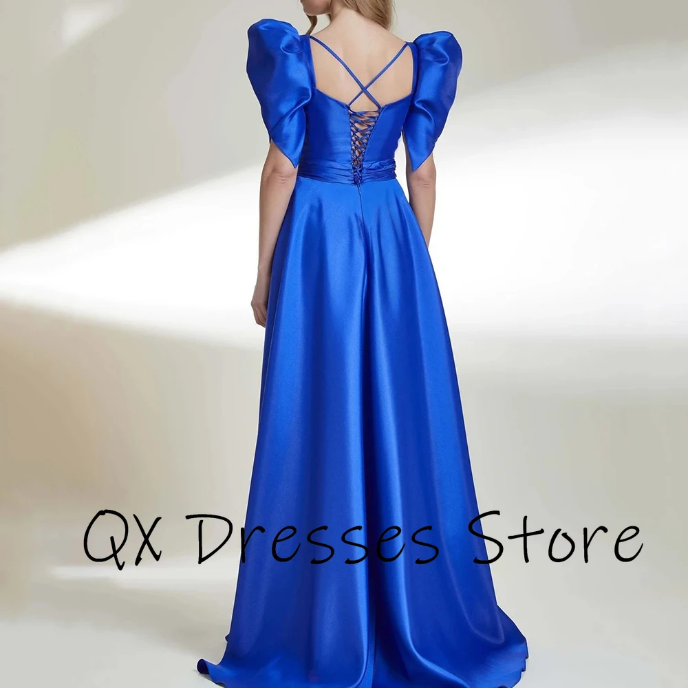 Yipeisha Simple Blue Satin Pleat Evening Gowns Suqare Collar Short Sleeves Draped Front Split Sexy Floor Length Party Prom Dress