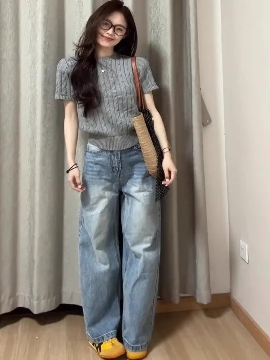 Ay tricoté ort Sve rond Ne T-irt femmes été nouveau coréen Sle coupe ample humidité ng haut léger