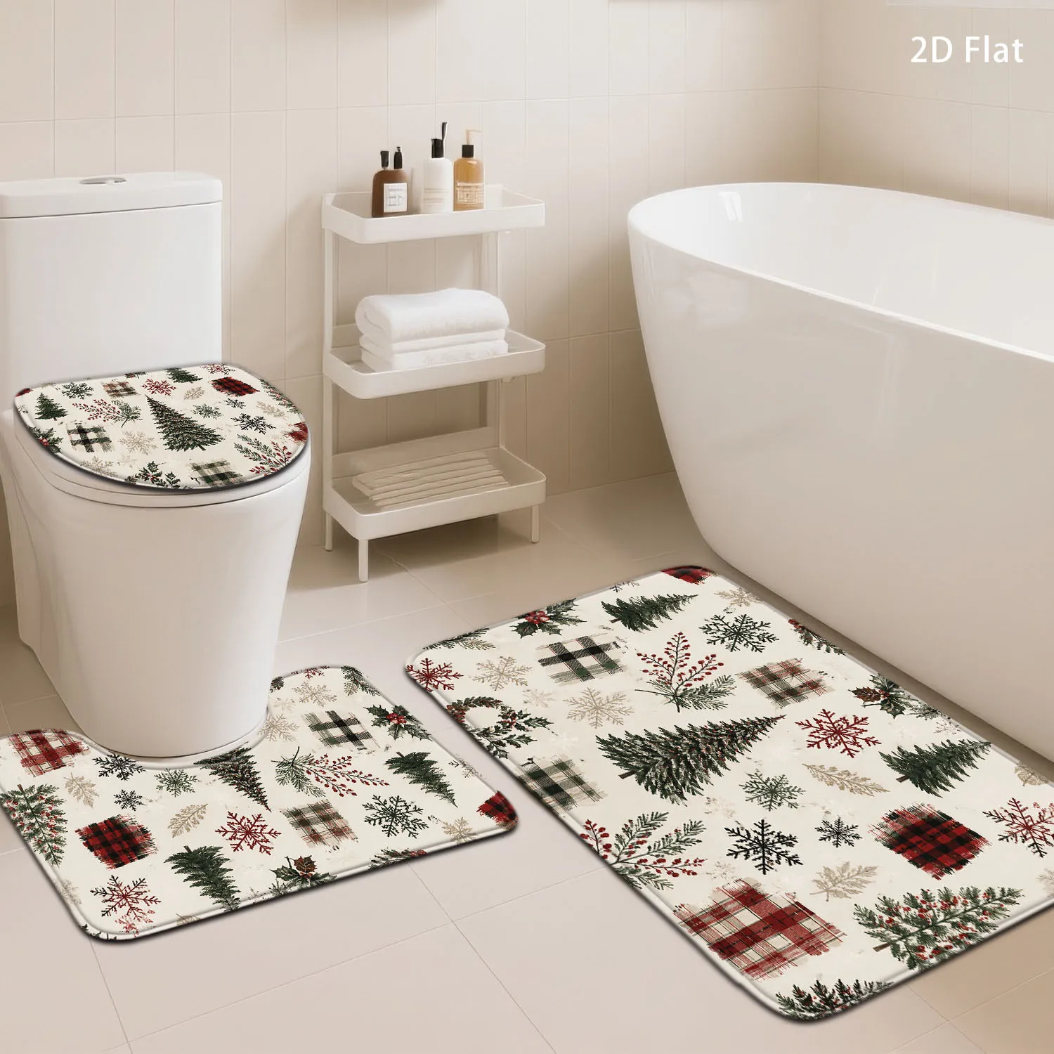 2D Flat Christmas Tree Snowflake Plaid Bathroom Mat Set, 3pcs, Retro Xmas Holiday Decor for Bathroom