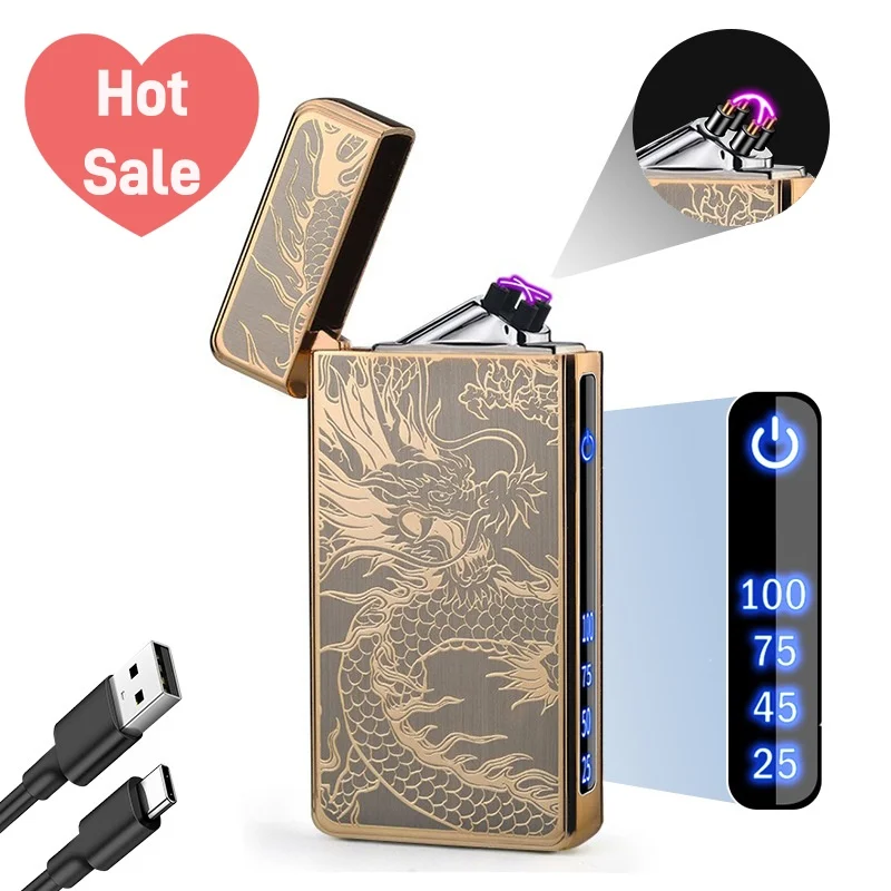

Double-Sided Plated Golden Dragon Touch Sensing Charging Dual Arc Lighter With TYPE-C Charging USB Lighter With Battery Display