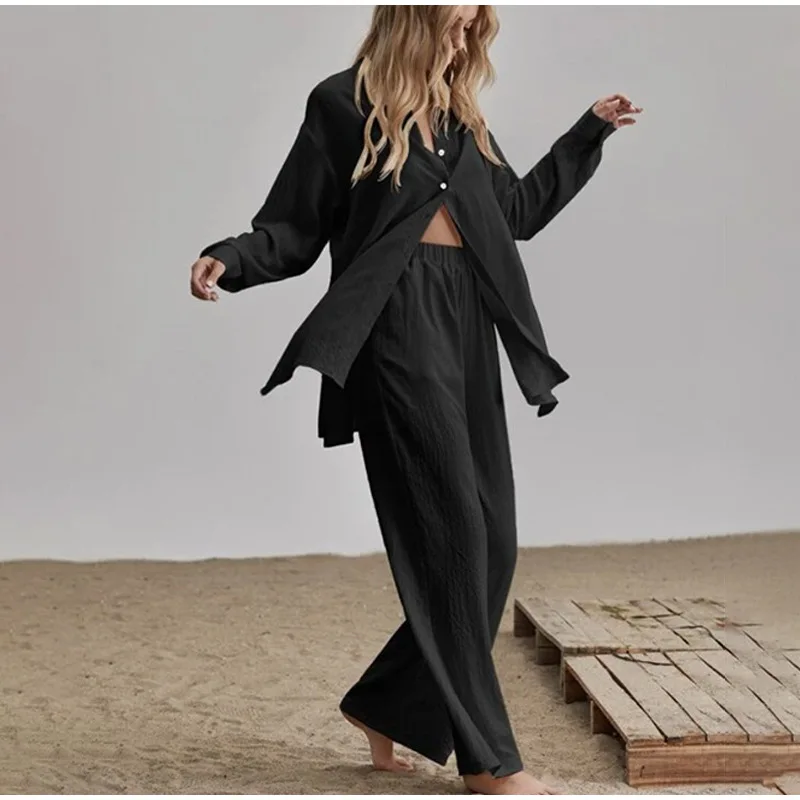 

CPSYM Хлопково-льняная рубашка с длинными рукавами, однобортная рубашка с разрезом и широкие брюки, женский комплект из 2 предметов, весна-лето, свободный комплект