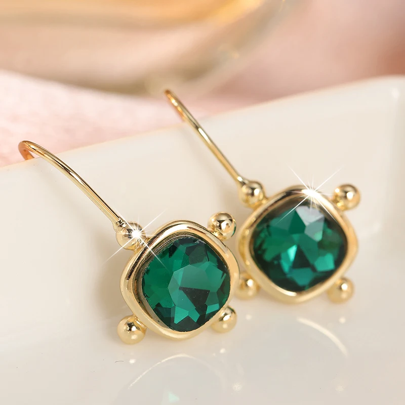 Vintage Inlaid Green CZ Dangle Women's Earrings Trendy Gold Color Pattern Geometry Daily Wear Party Jewelry Anniversary Gift