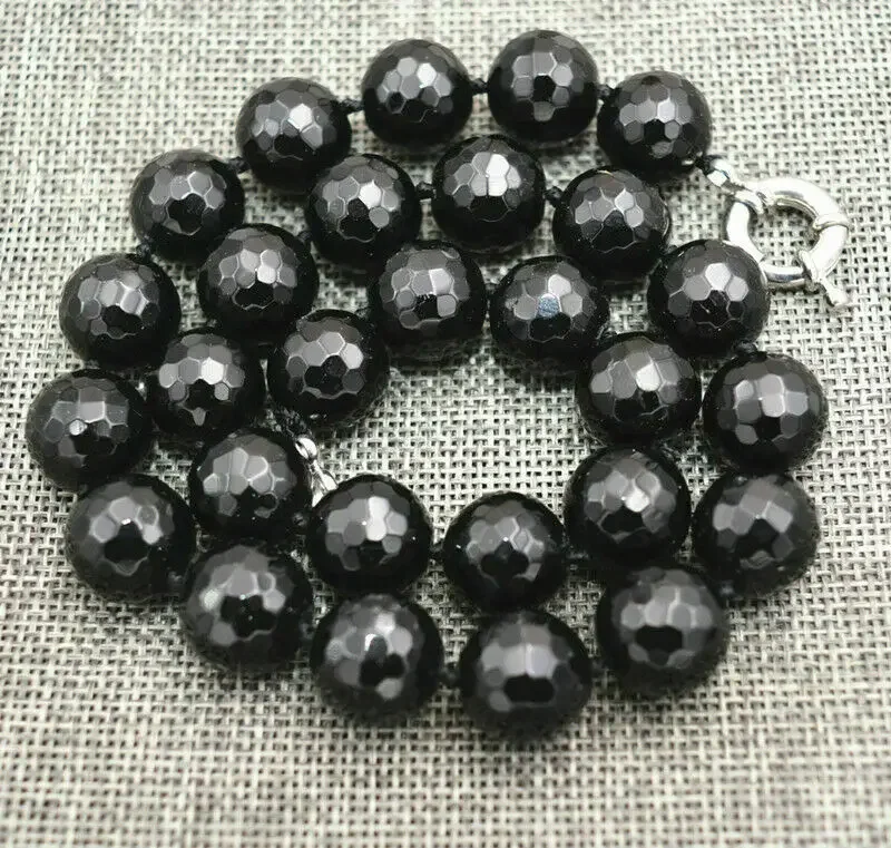 

Faceted 12mm Black Agate Onyx Round Gemstone Beads Necklace 18" AAA